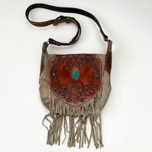 American Darling Gray Suede Brown Tooled Leather Bag With Turquoise like Stone
